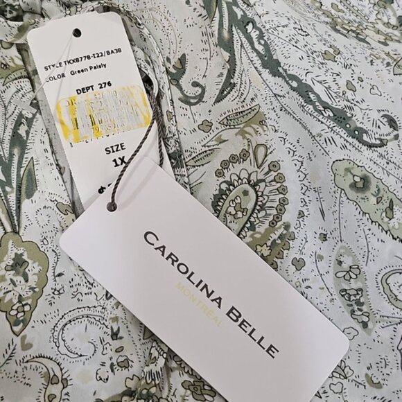 Carolina Belle Semi Sheer Cream And Green Paisley Tie Split Neck Top Plus Size1X - Picture 6 of 7